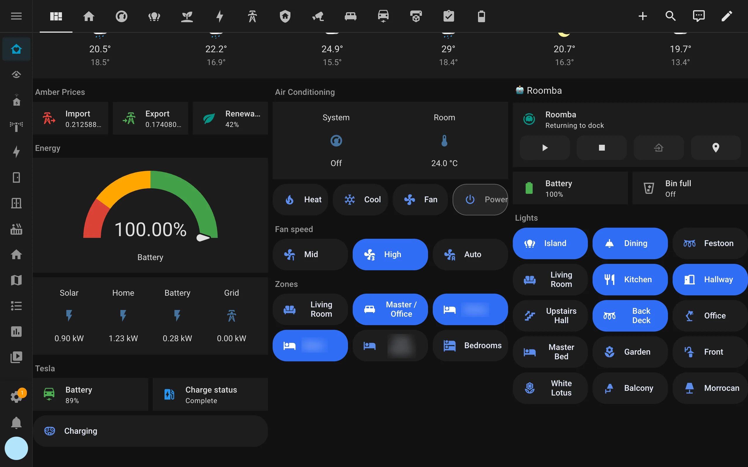 Wall tablet home screen: week forecast, Amber import and export prices, battery gauge at 100%, solar, home, battery and grid flow, Tesla charge status, aircon controls with fan speed and zones, robot vacuum, and a grid of light buttons
