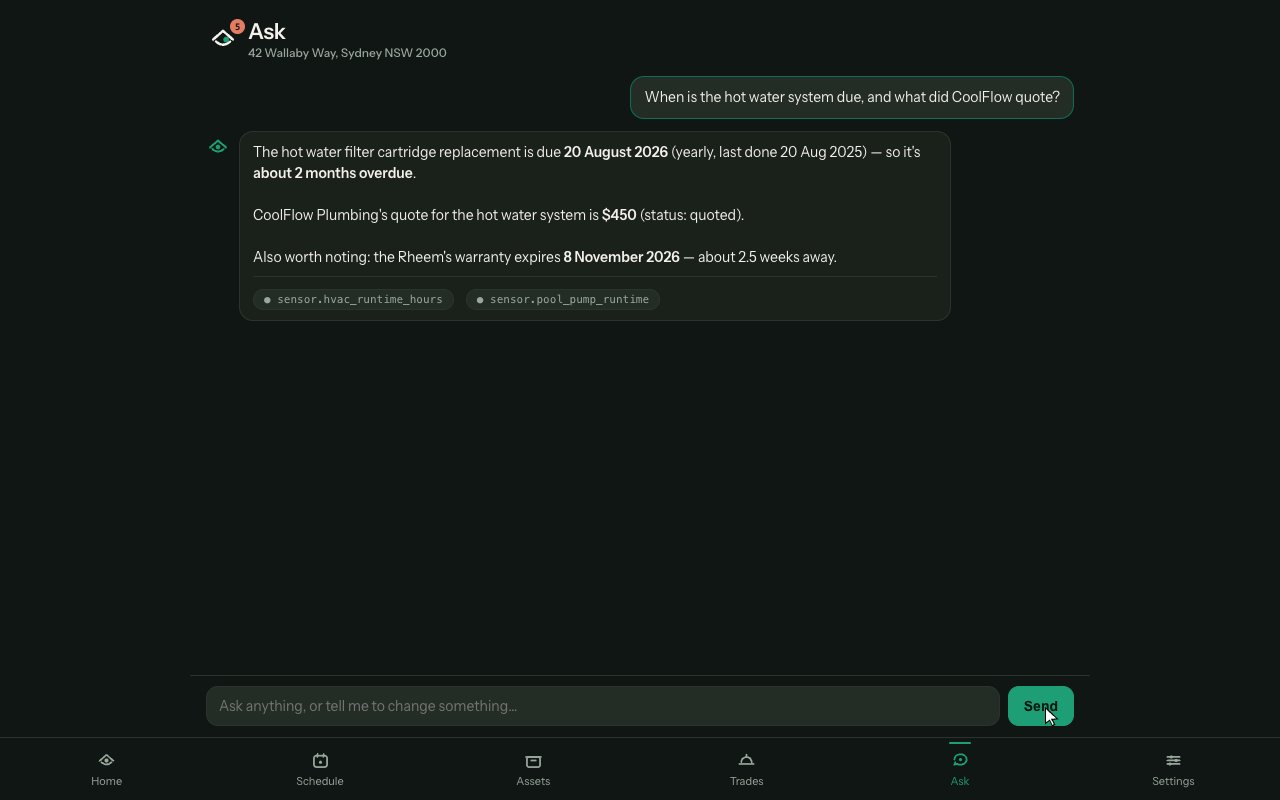 KasaKeeper Ask screen: asked when the hot water system is due and what a plumber quoted, it answers with the due date, the $450 quote and the warranty expiry